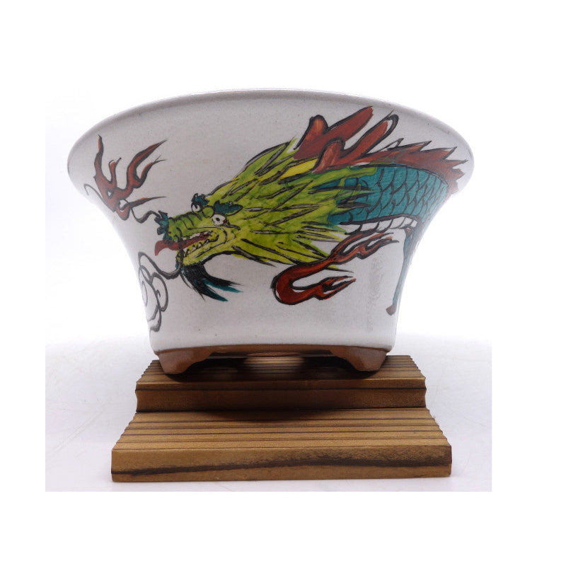 Pot à bonsaï dragon peint à la main rond 15 cm