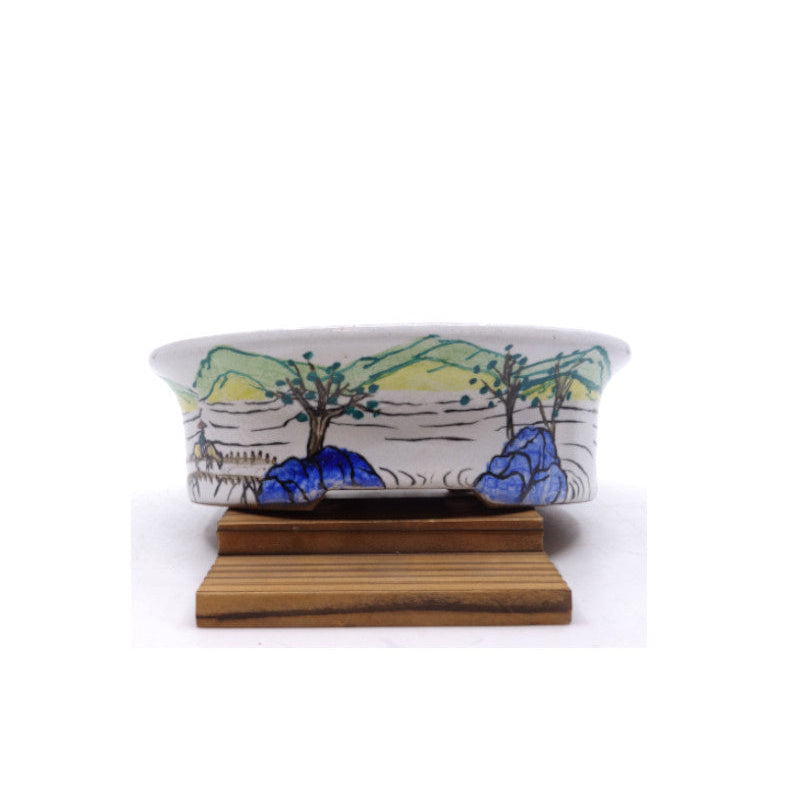 Pot à bonsaï ovale bleu paysage peint à la main 16 cm