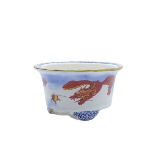 Pot à bonsaï rond bleu et rouge dragon 12 cm