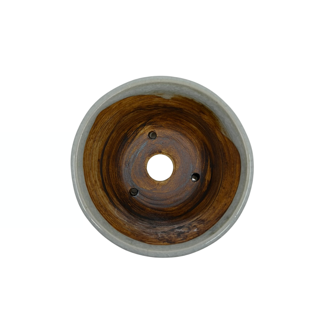 Pot à Bonsaï Shohin crème avec des taches douces et rondes René Lecocq 9cm